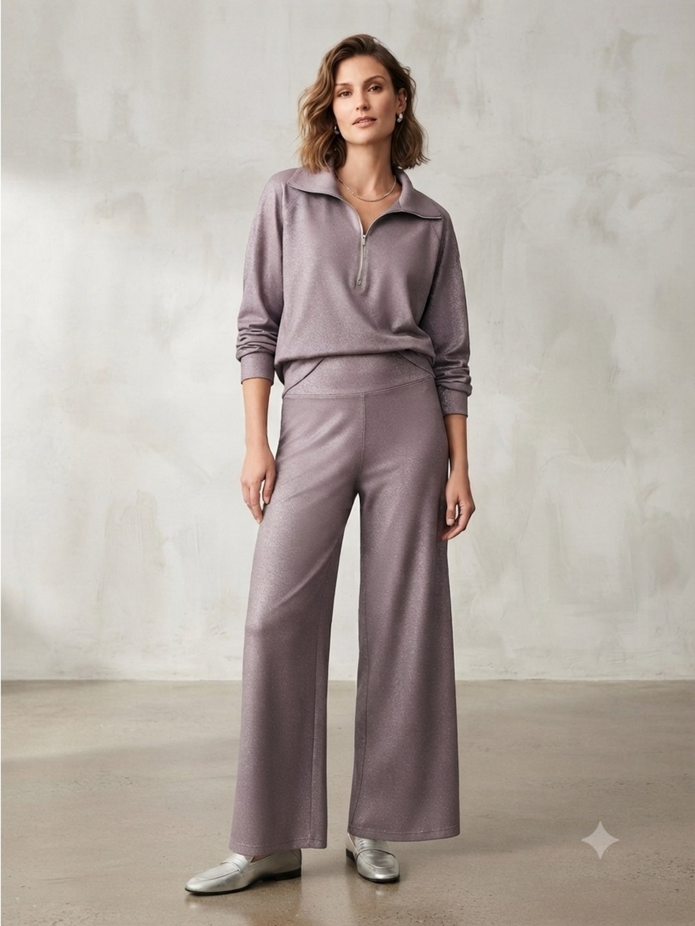 SPANX Air Essentials‎ Shine 2 Piece Set Half Zip Wide Leg Pants 3X Silver